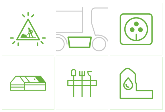 pictogrammes accessoires et lander : triflash, réservoir et pompe d'eau, prise électrique, bennes, accessoires rangement